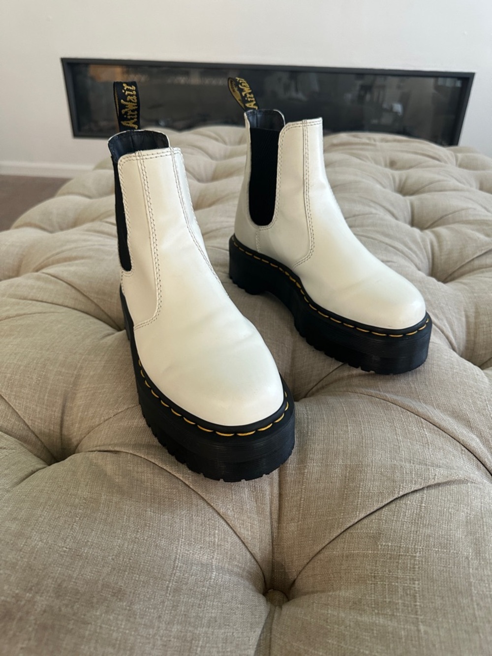 Dr. Martens White Platform Chelsea Boots with Yellow Stitching